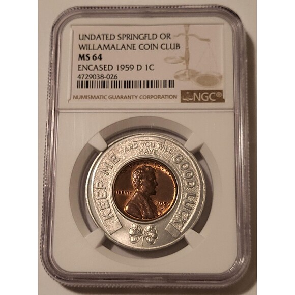 1959 D Lincoln Memorial Cent Encased Good Luck Token Springfield Oregon MS64 NGC - Picture 1 of 4